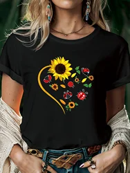 sunflower With Heart Outline Women T Shirt Print T-Shirt Woman Casual Short Sleeve Tee Tops for Spring Summer Female Clothing