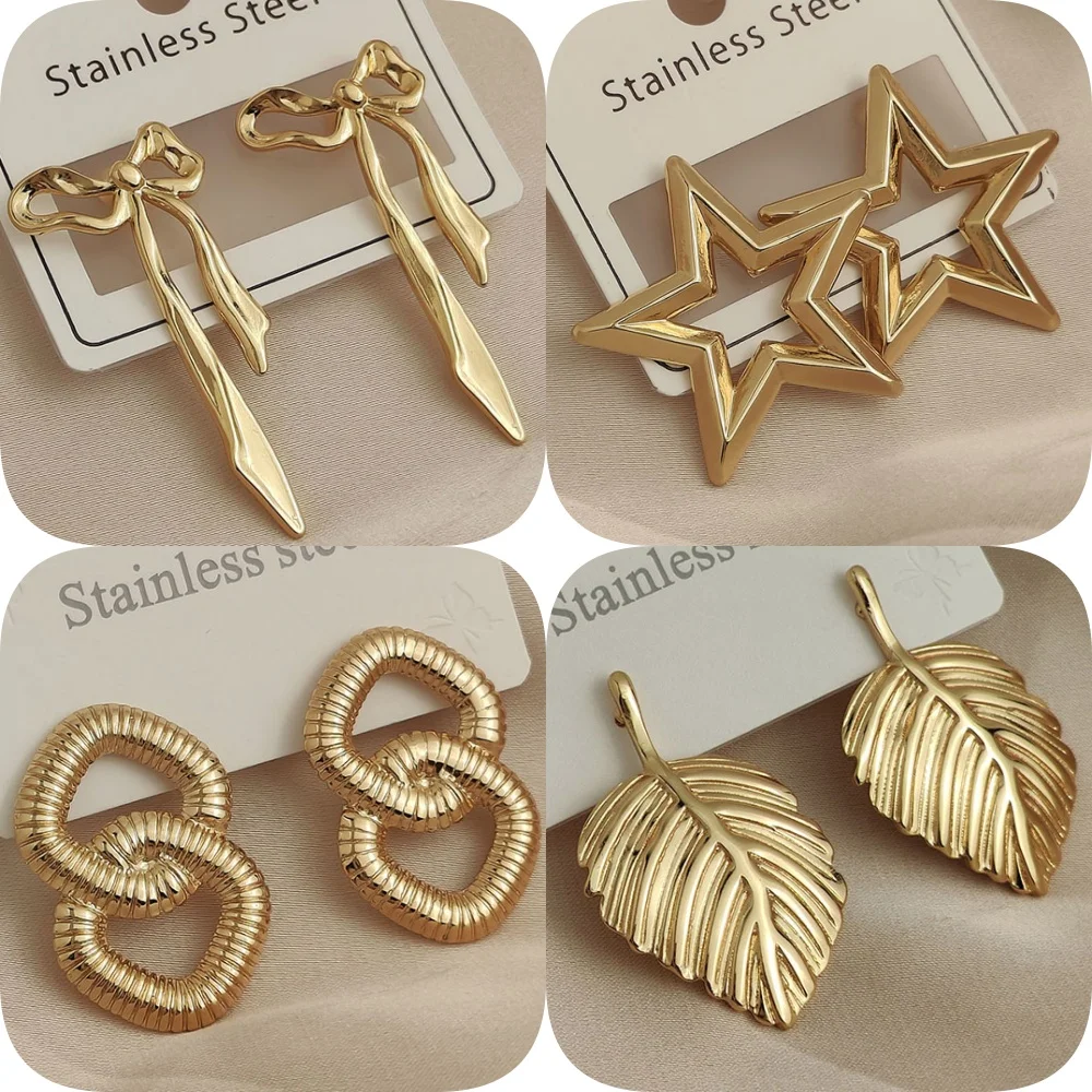 Creative heavy metal leaf pentagram stainless steel earrings, waterproof and rusty-free women's earrings, party jewelry