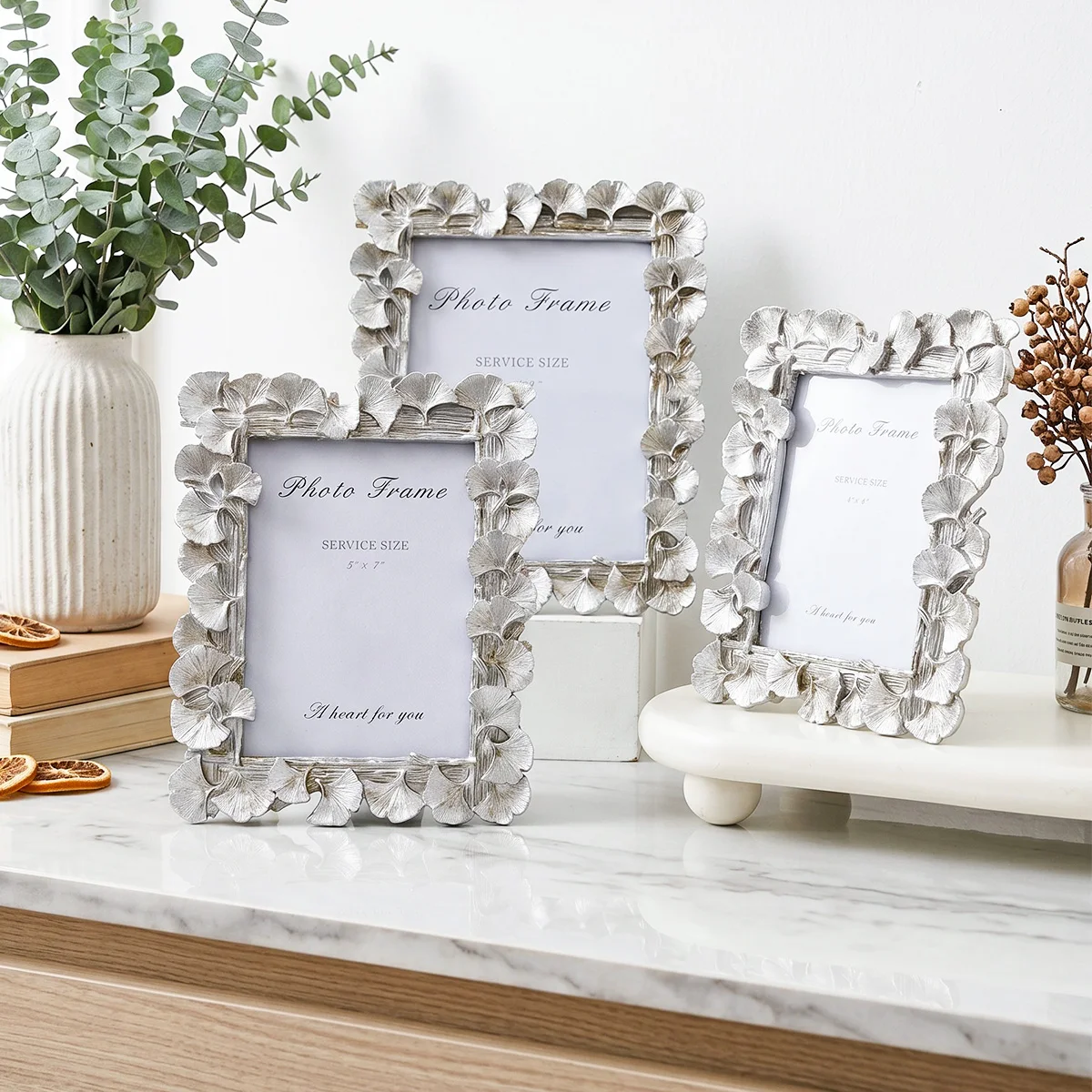 1PC, Silver 3D Ginkgo Leaf Engraved Resin Picture Frame, French Luxury Decorative Box, Wedding Photo Display Stand