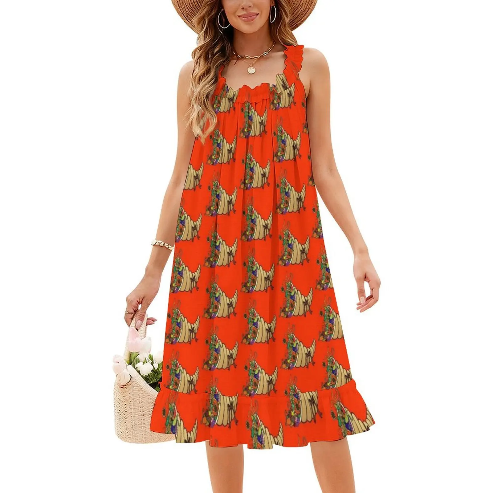 عيد الشكر الوفرة الحصاد هدية سلة البوهيمي بلا أكمام فستان متعدد الطباعة شاطئ عطلة فستان الحفلات الشكر #4