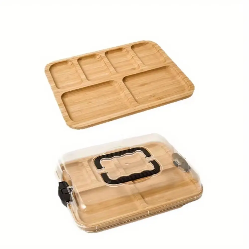 

Transparent Bamboo Cheese Board Divided Grid Snap-On Lid Bamboo Cheese Tray Stylish Portable Serving Platter Outdoor Picnic