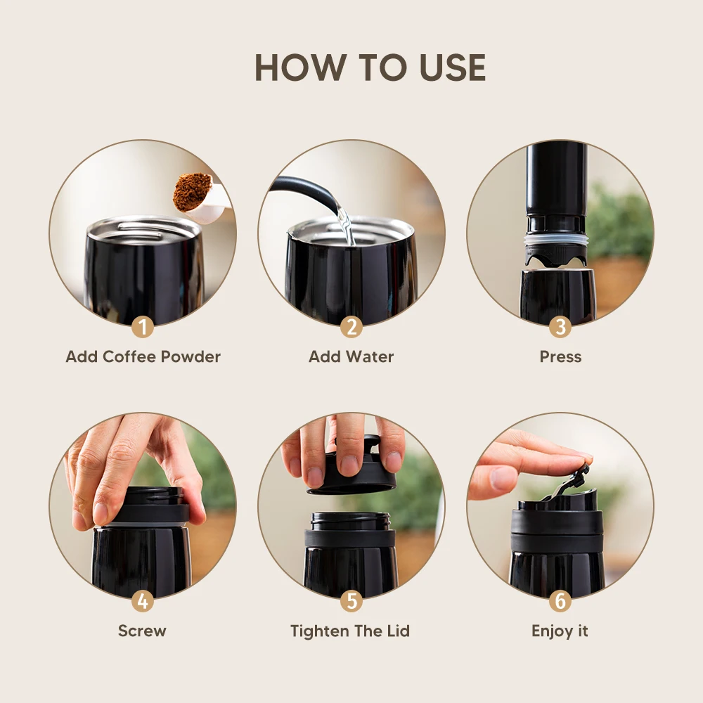 icafilas 350ML French Press Stianless Steel Portable Coffee Press Maker Tarvel Coffee Plunger Filter Double Wall Vacuum Mug