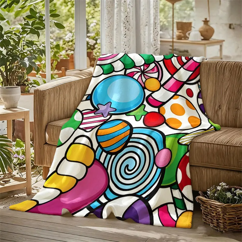 Cartoon Candy Burst Flannel Blanket Warm Soft Halloween Christmas Decorative Couch Warm Cozy All-Season Gift