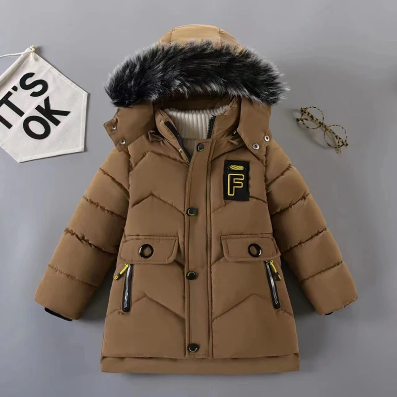 

2023 Winter Boys Jacket Keep Warm Fur Collar Fashion Baby Coat Hooded Zipper Outerwear Birthday Gift 2-8 Years Old Kids Clothes