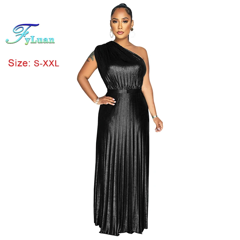 เดรสออกงานกลางคืนแฟชั่นใหม่สำหรับผู้หญิง ดีไซน์หรูหรา แต่งลายปั๊มร้อน ไหล่เฉียง แขนกุด สีพื้น เซ็กซี่ ชายระบายสวยงาม เหมาะสำหรับงานพรอม