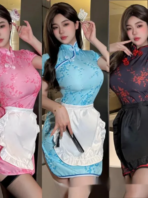 Female Sexy Chinese Cheongsam Embroidery Half High Collar Waist Bundling Appear Thin Tight Fitting Sweet Women's Dresses  EQMO