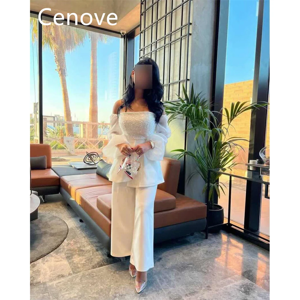 

Cenove White A-Line Long Pantsuit Prom Dres boat Neck With Long Sleeves Evening Summer Elegant Party Dress For Women 2023