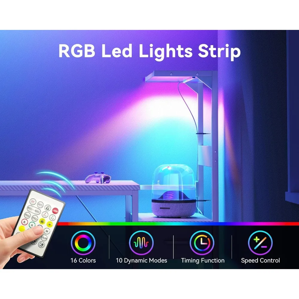 LED-Illuminated 48 Reversible Modern Gaming Desk with Storage and Fabric Drawers, featuring Display Shelves for Enhanced Compute