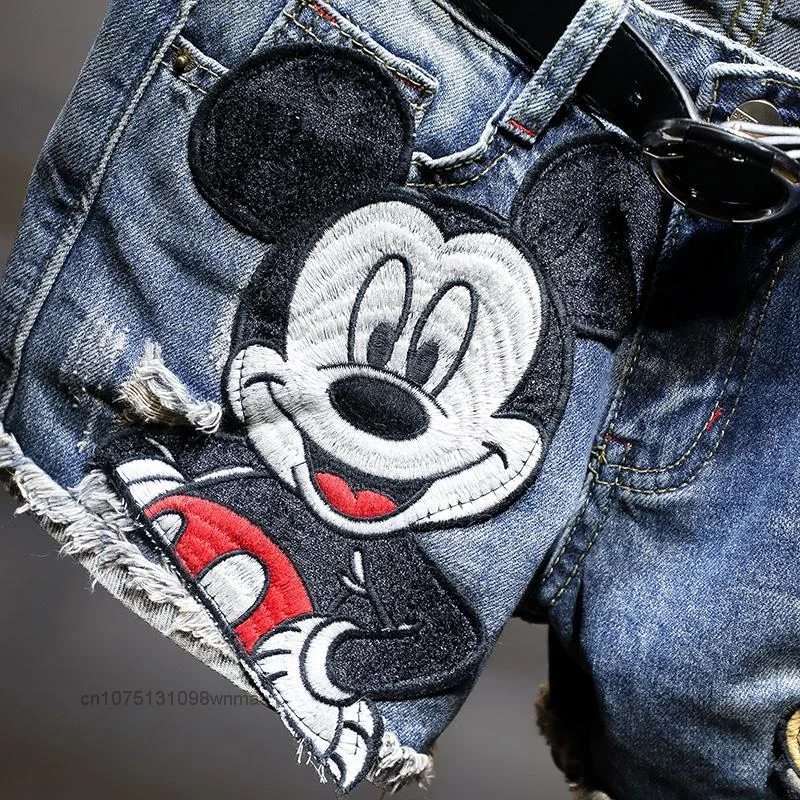 Disney Mickey Hip-hop Vintage Denim Shorts for Women In Summer New Korean Style Thin Slim Pants with Holes Embroidered Cartoon