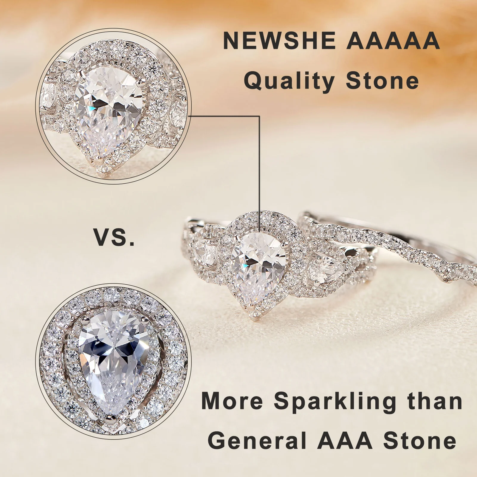 Newshe 2 Pieces Engagement Ring Set for Women 925 Sterling Silver Brilliant Pear Oval Cut AAAAA Cz Bridal Wedding Jewelry