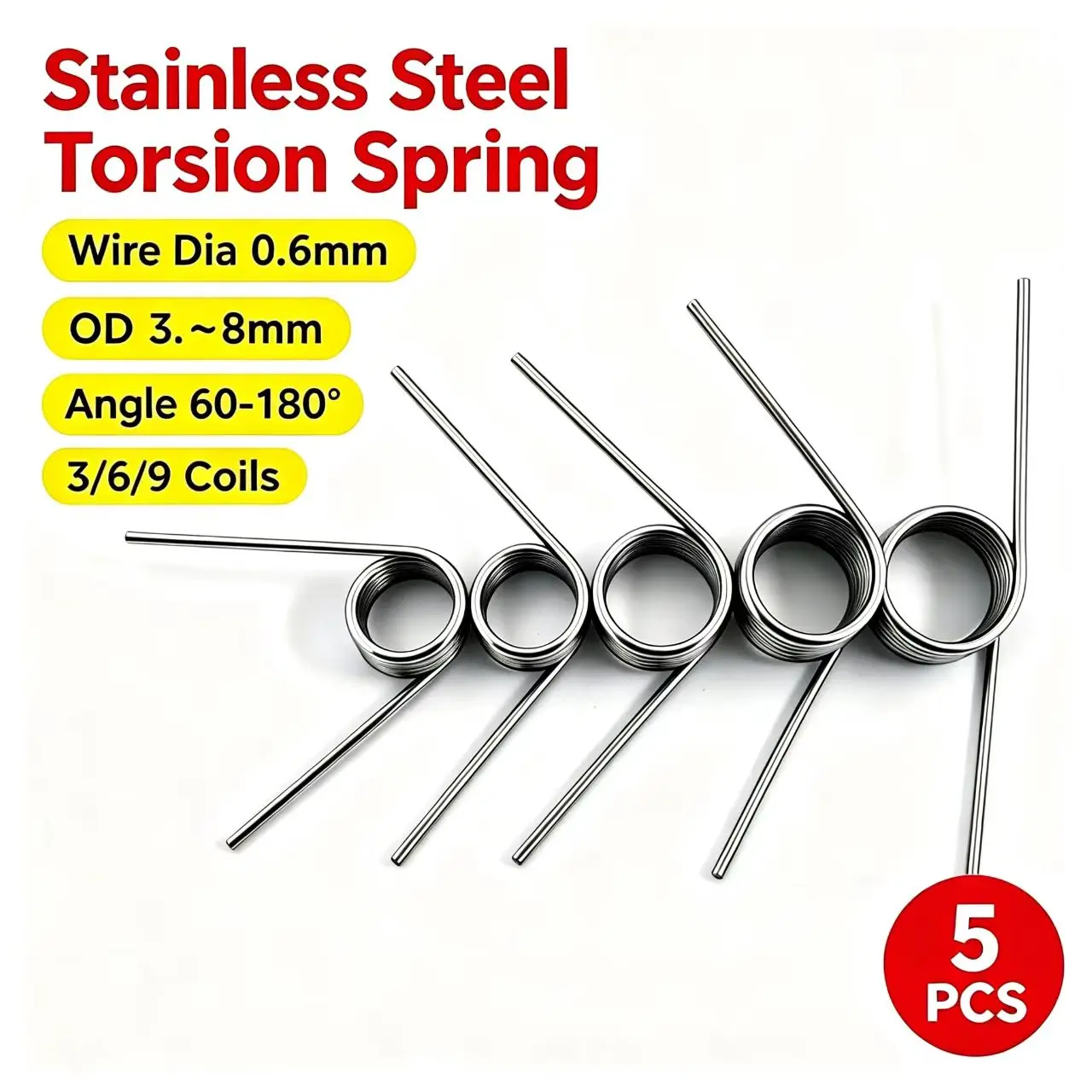 5Pcs 0.6mm Wire Dia Stainless Steel Torsion Spring3-8mm OD60-180 Degree Angle3/6/9 Coils Helical Springs for DIY Hardware Repair