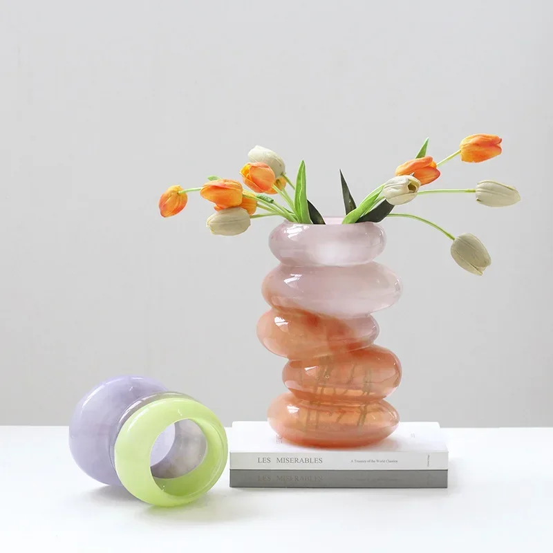 2026 Unique Glass Vase Geometric Pebble Stack Color Gradient Flower Vase Caterpillar Floral Arrangement Home Decoration Accessor