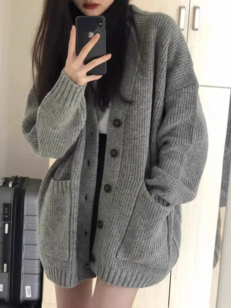 الخريف الشتاء المرأة عادية محبوك سترة V-Ne معطف لينة كسول فضفاض ملابس خارجية سترة مختلطة الألياف طويلة Sve الحرارية