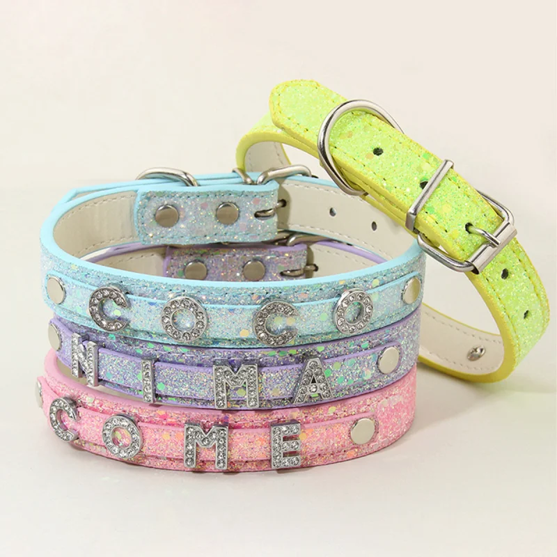 

2026 New PU Leather Personalized Dog Collar, Custom Name Diamond Letters Glow In Dark Reflective For Dogs