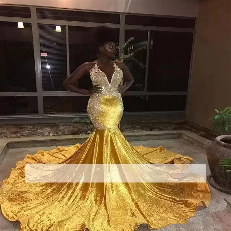 MULONG Yellow Black Girl Evening Dresses Sexy Halter Sleeveless Luxury Appliques Mermaid  Floor-length Women Formal Gowns