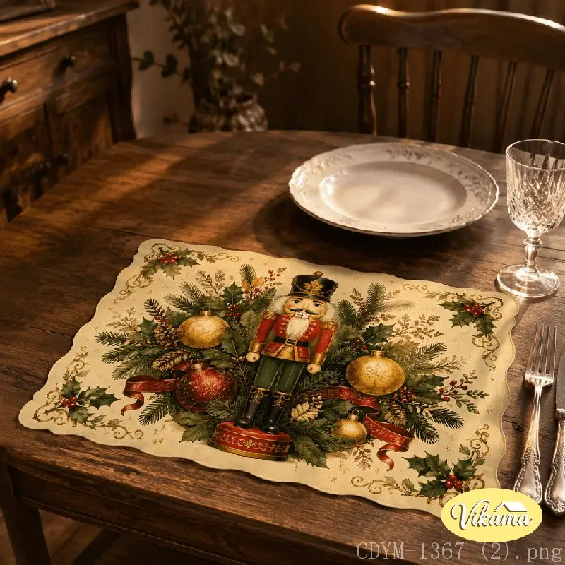 VIKAMA Christmas Penguin Nutcracker Placemat Scallop Edge Table Mat Dining Kitchen Holiday Home Decor Aesthetic Art Large Cute