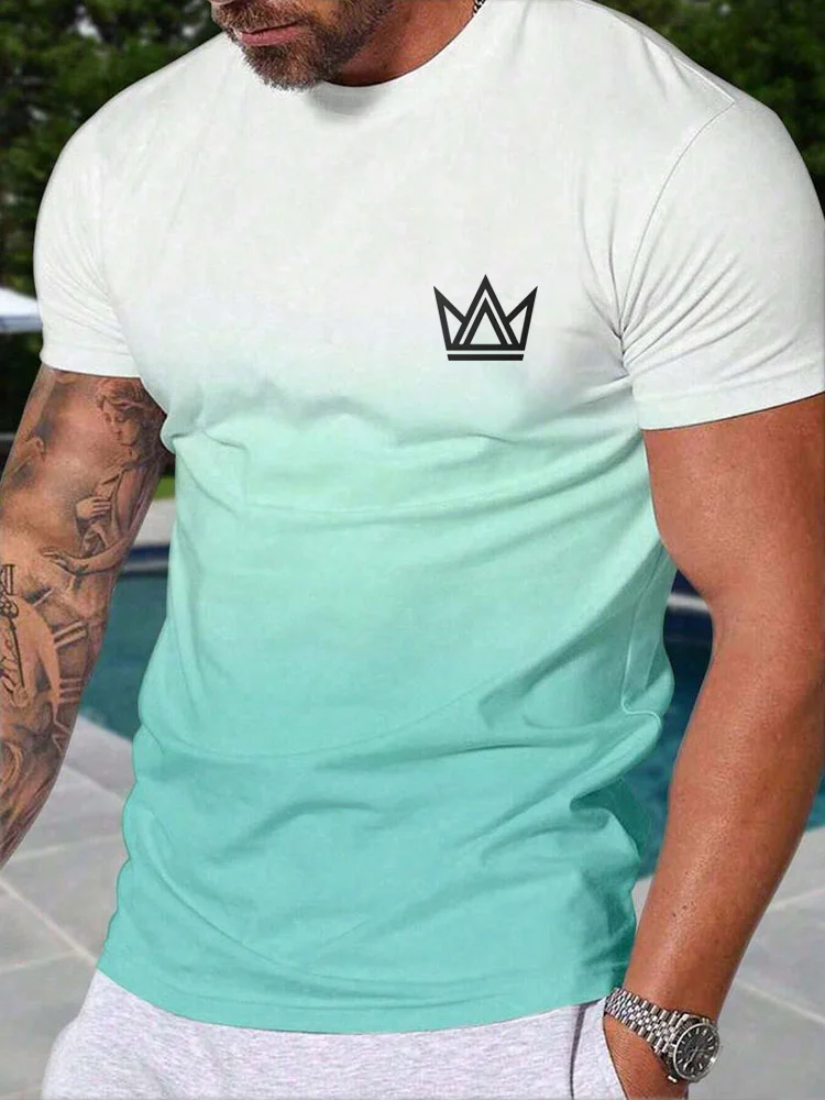 Summer Men's Gradient 3D Print Crown Short Sleeve Top Outdoor Men's T-Shirt Street Fashion Crew Neck Tees Quick Drying Gym Top