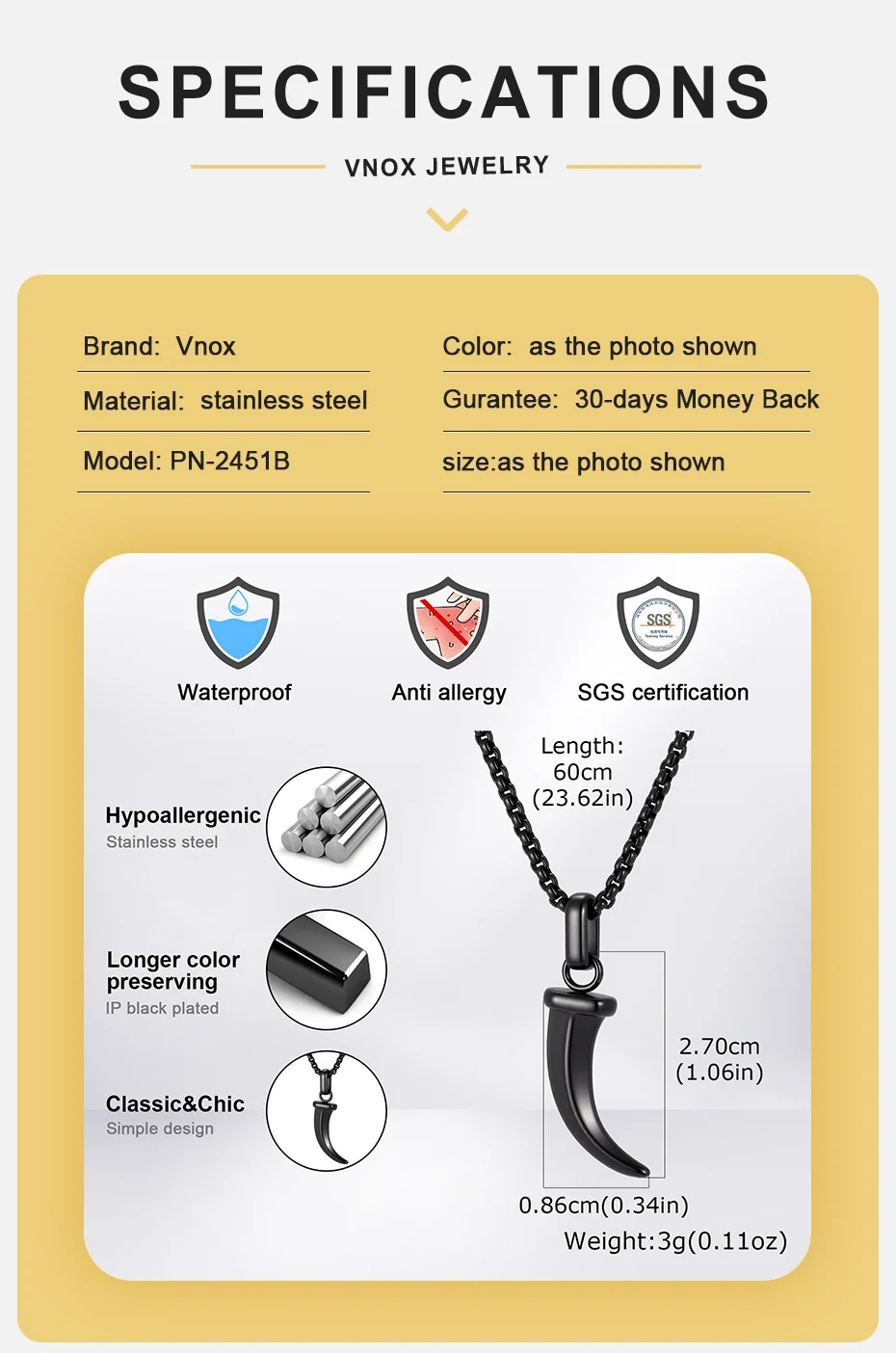 Vnox Herren Halskette mit Stierhorn-Anhänger, Edelstahl-Kettenhalskette, Hip-Hop-Punk-Amulett-Schmuck, Geschenk für Freund, für den täglichen Gebrauch. – Detail 5