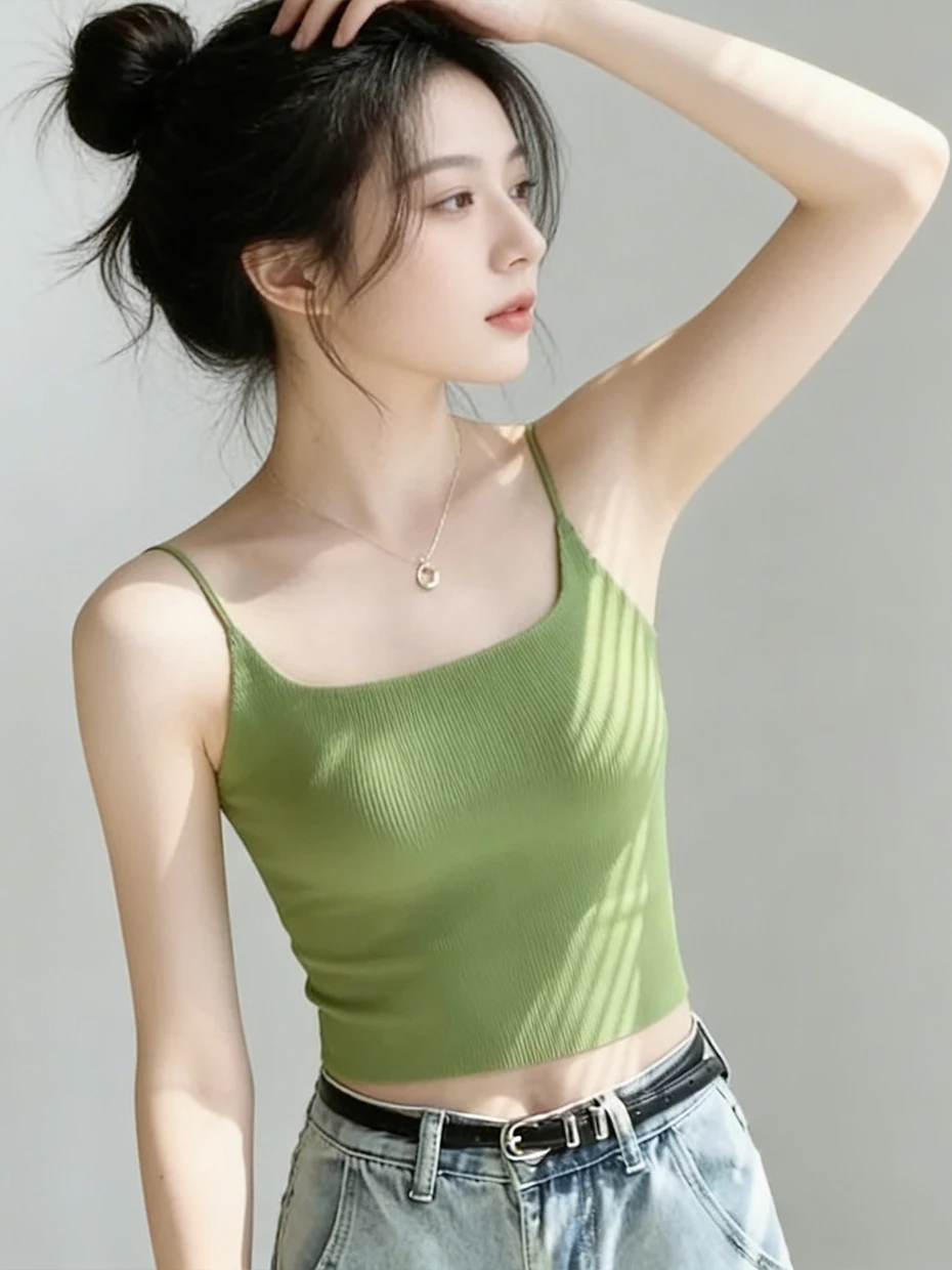 Green Strapless Vest Women Summer Outdoor Wear with Chest Pad Beautiful Back Bra Integrated Inner Match American Yoga Top