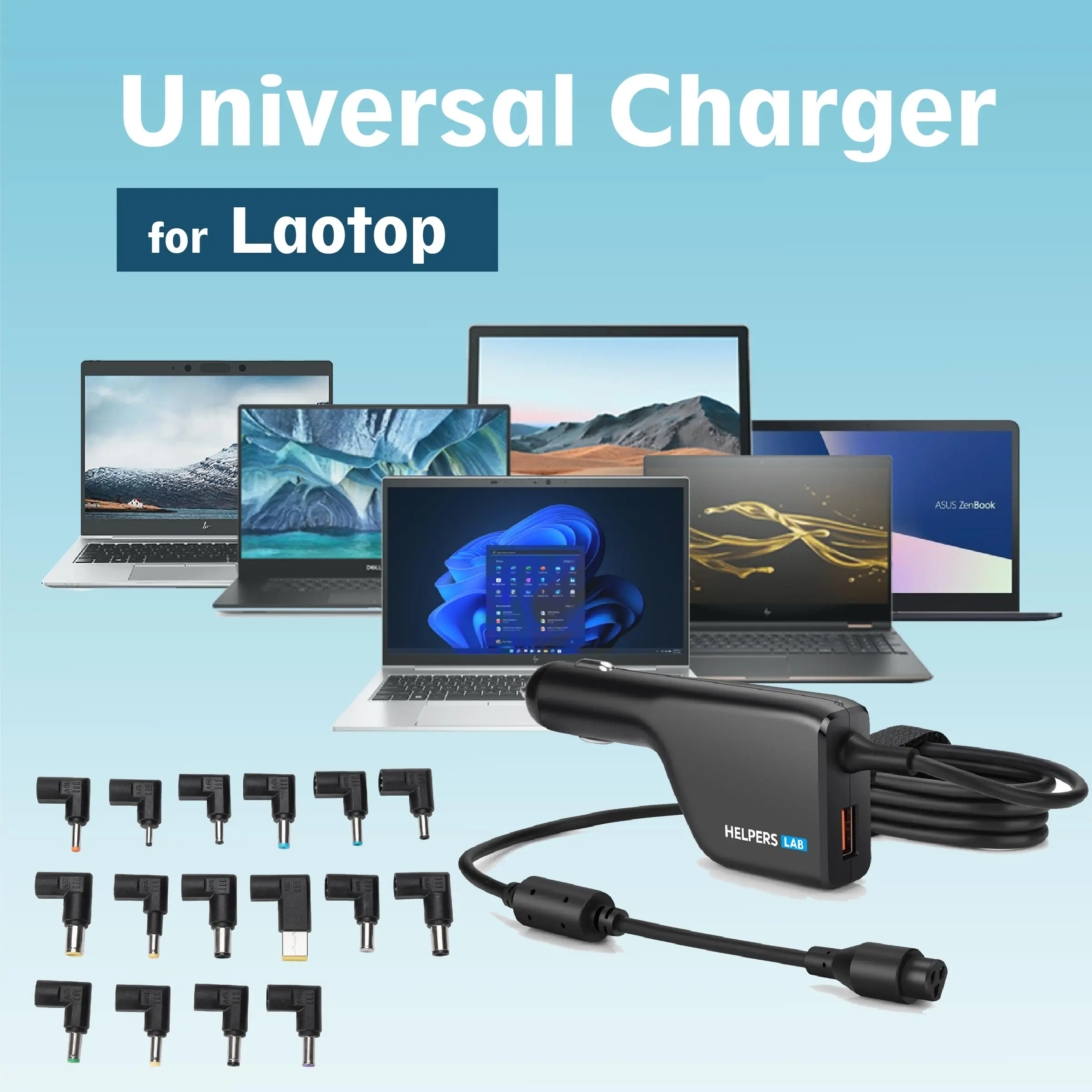 90W Universal Laptop Car Charger with 18W QC3.0 Power Supply for 16V 18.5V 19V 19.5V 20V Notebook fit on 12V-24V Car Truck Boat