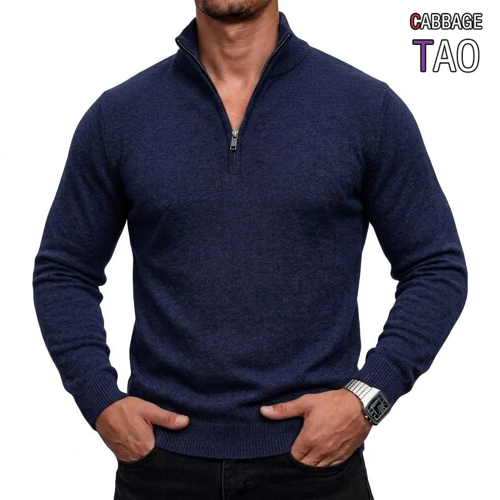 New Mens Zip Knit Jumper Tailored Fit Mock Neck Daily Long Sleeve Knitted Sweater Cozy Top for Winter Knit Apparel Garments
