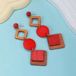 Ethnic Geometric Wood Drop Earrings Long Dangle Fall Earring Women Vintage Jewelry for Party