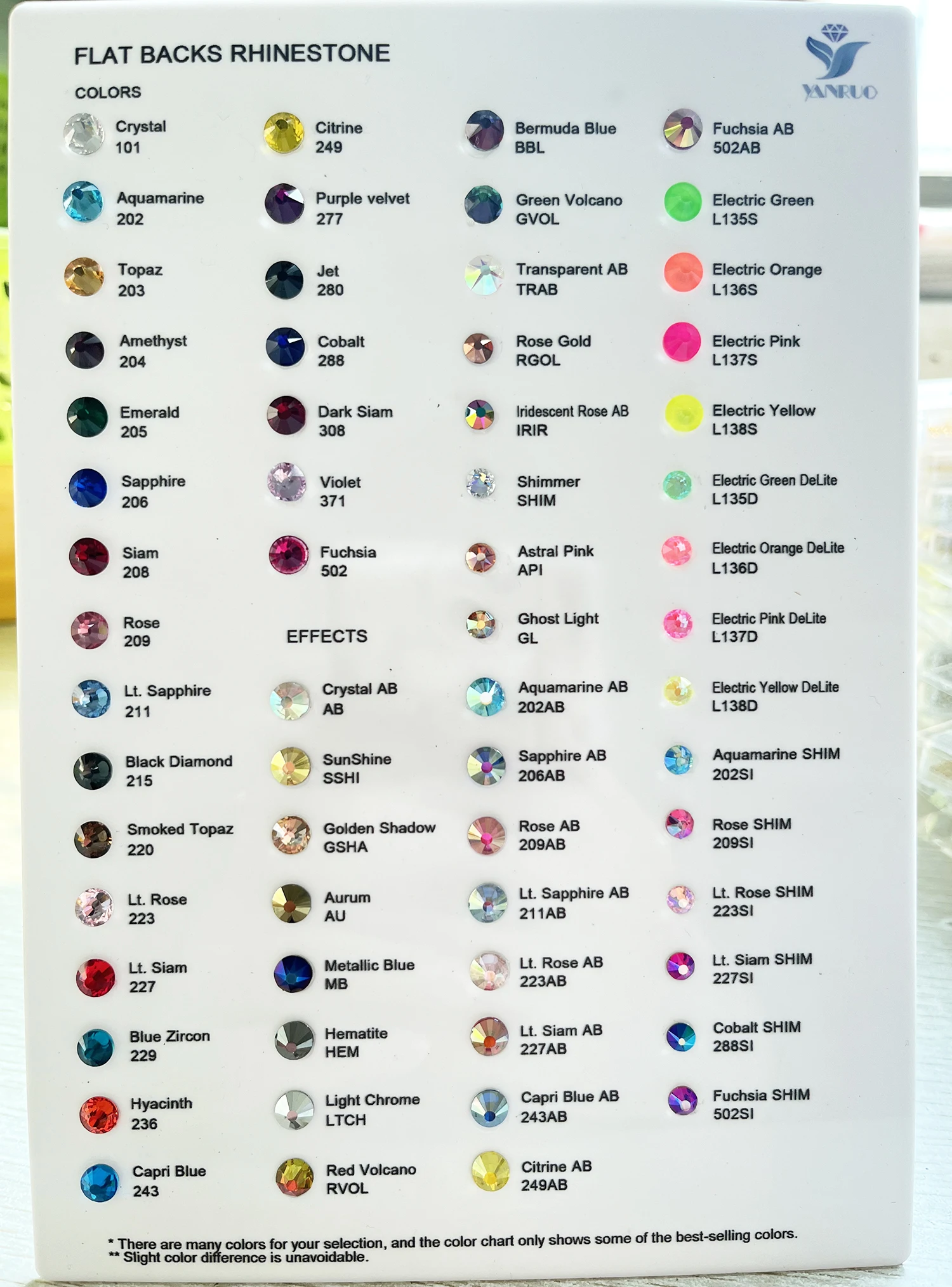 YANRUO Flatback Düzeltme Olmayan (Düzeltme) Yapay Elmas Renk Kartelası Kristaller Taşlar Renk Kartı