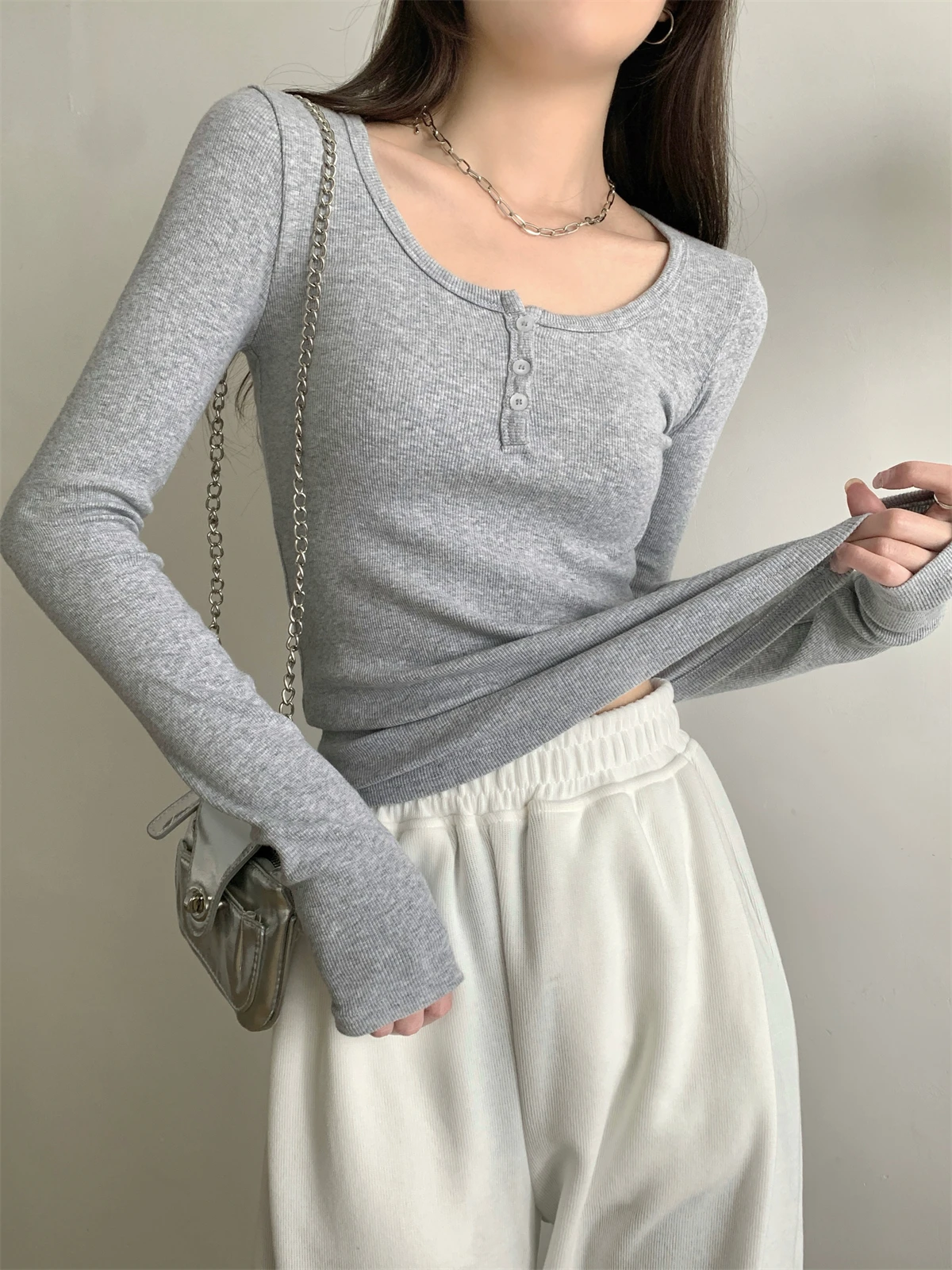 Efeito de emagrecimento botão até longo sve u ne topo feminino faion outono novo sle simples ey versátil camada base irt