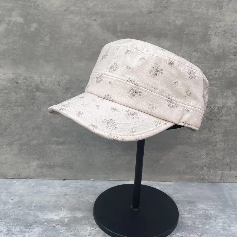 Women's Spring Summer Sweet Pink Floral Flat Top Equestrian Cap Wide Brim Slim Face Newsboy Sun Hat