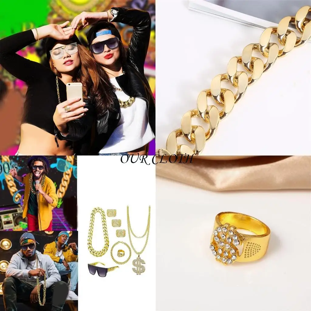 

80s 90s Outfits Hip Hop Costume Rapper Accessories Sunglasses Gold Chain Rings for Halloween Cosplay Party Decors Y1AC