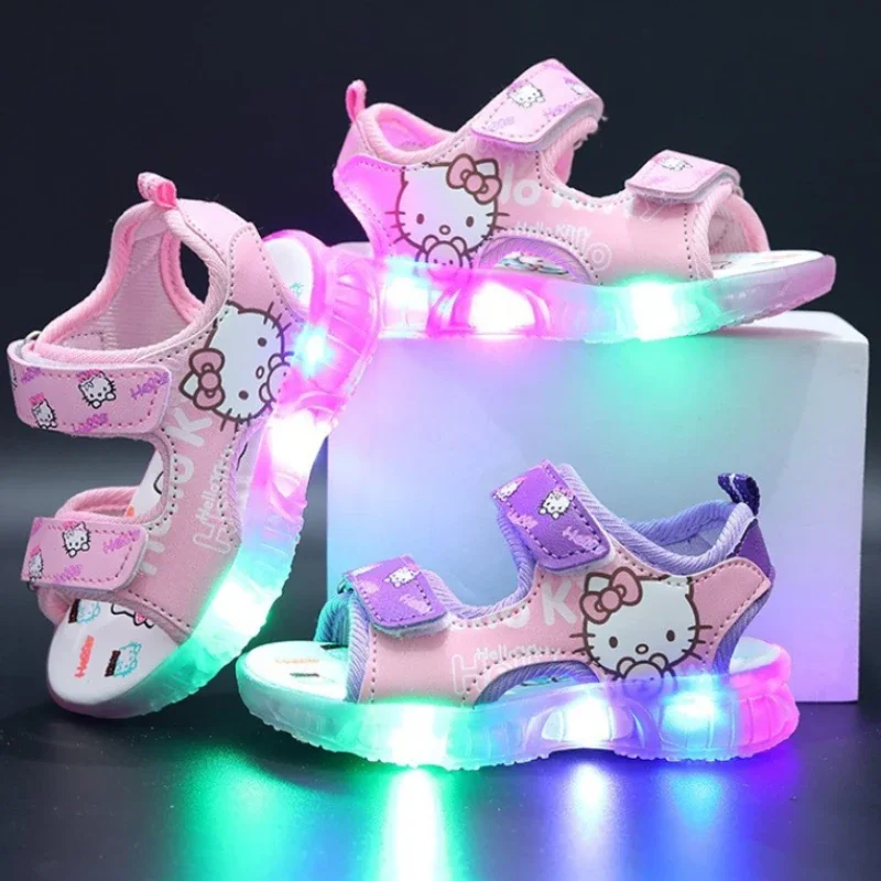 2024 Summer New Baby Girls Led Light Sandals Cute Hello Kitty Children\'s Casual Shoes Anti-slip Kids Beach Shoes Outdoor Shoes