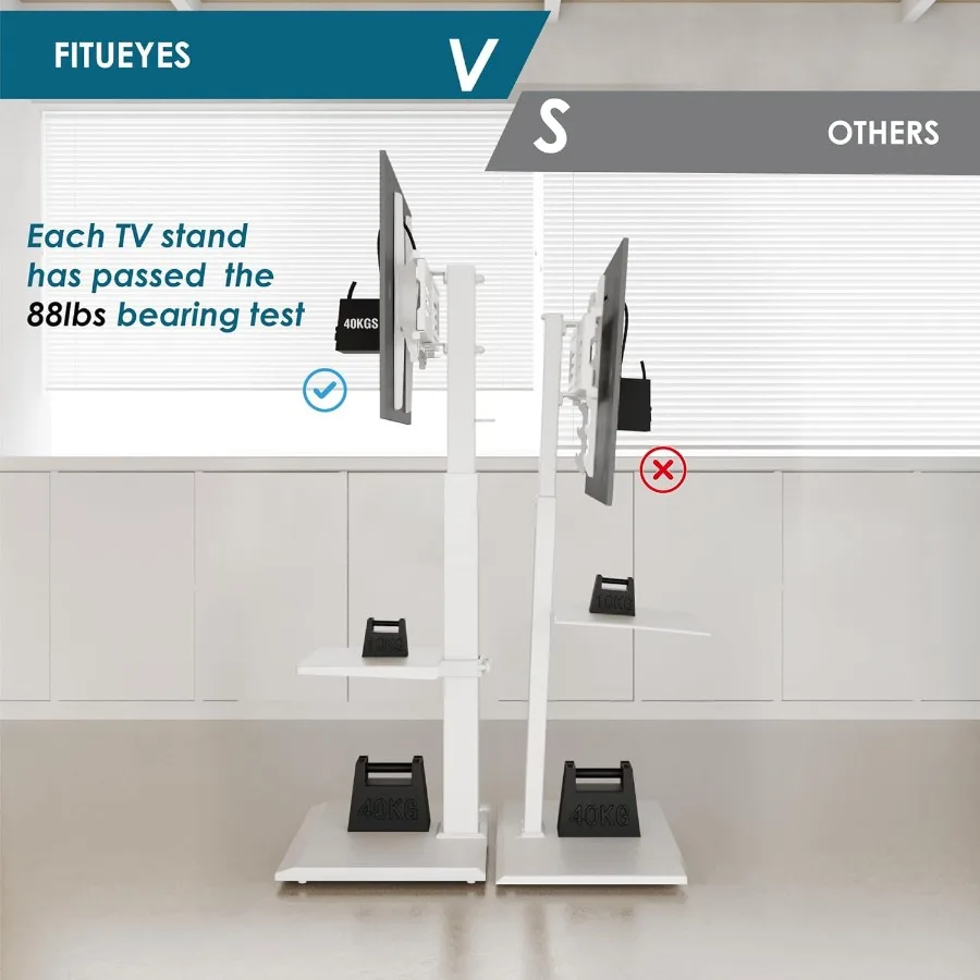 Boden-TV-Ständer mit drehbarer Neigungshalterung für 32 bis 75-Zoll-LCD-LED-Fernseher. Robuste Eisenbasis mit verstellbarer Ablage, universelles Design