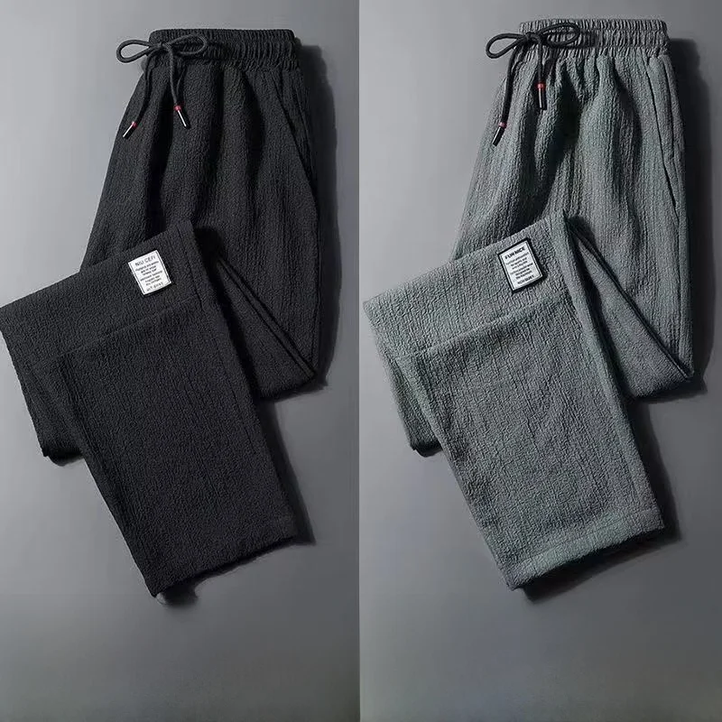 

Мужские летние брюки из ледяного шелка: тонкие, свободные, прямого кроя, быстросохнущие, для офиса и повседневной носки, укороченные (длина 7/8)