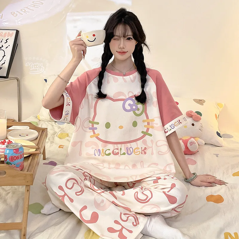 

Женская пижама Sanrio: летняя, из чистого хлопка, с коротким рукавом и шортами, с милым мультяшным принтом Hello Kitty, домашняя одежда