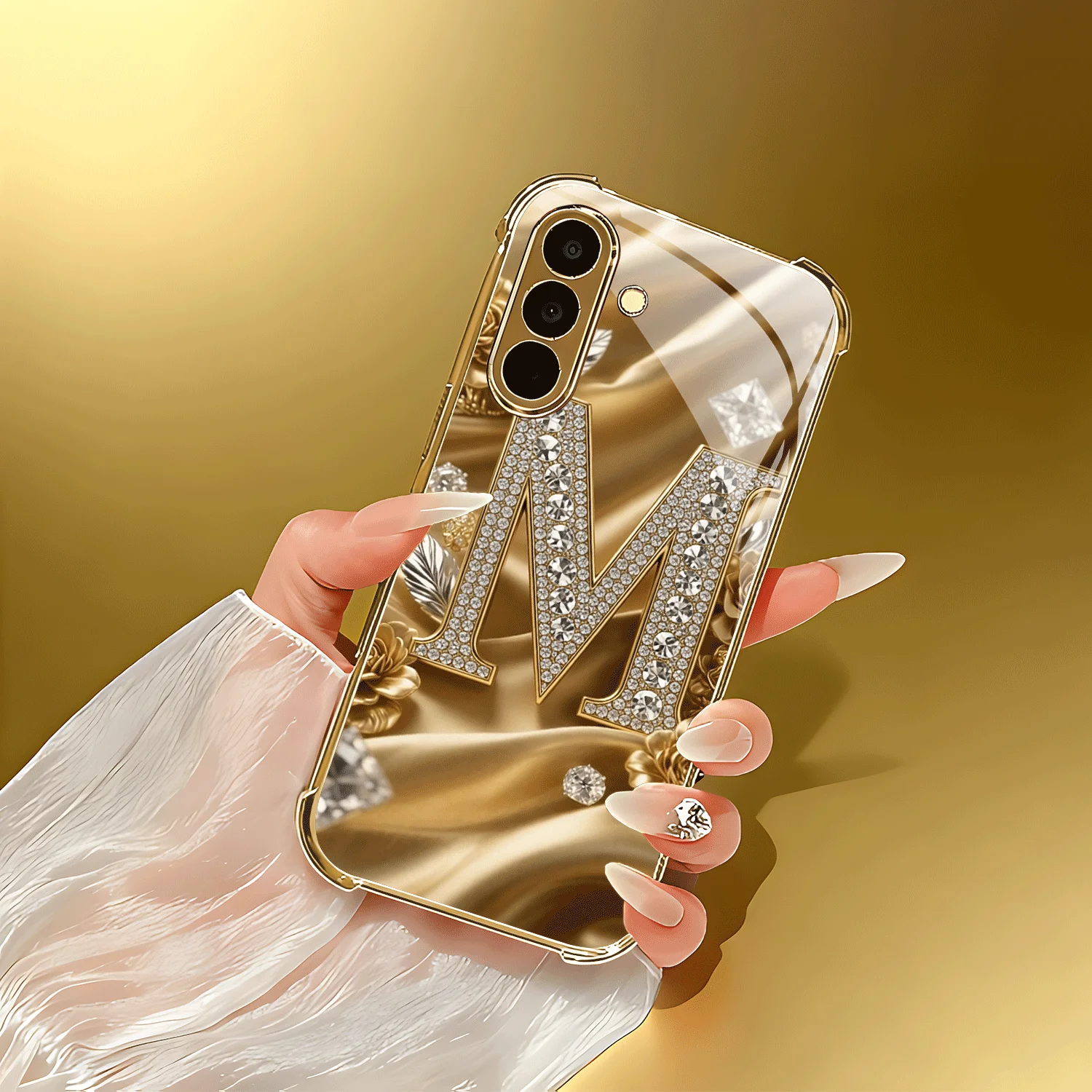 Złote etui na telefon z diamentami i złotym wzorem w kształcie litery M, wykonane ze złotego szkła, do Samsung Galaxy S26/22/23/24/25 PLUS/24/25 ULTRA/26 — zdjęcie produktu 5