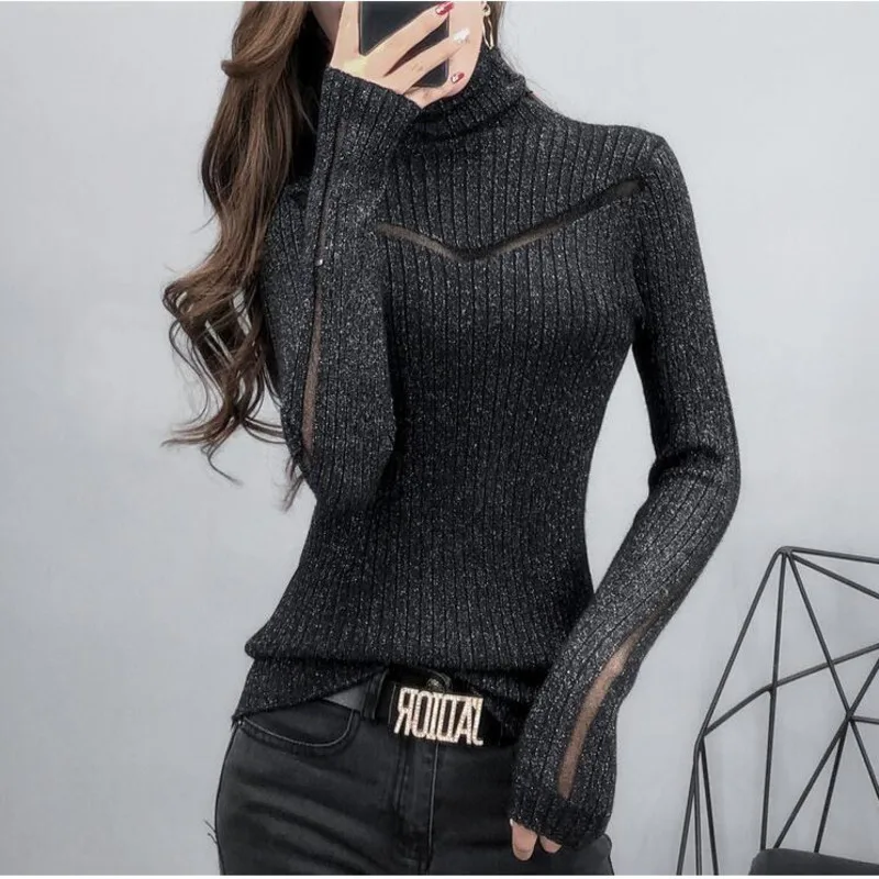 #0121 Turtleneck Thin Knitted Tops Split Joint Mesh Hollow Out Knitwear Pullover Women Elastic Sweaters Ladies Knitwear Spring