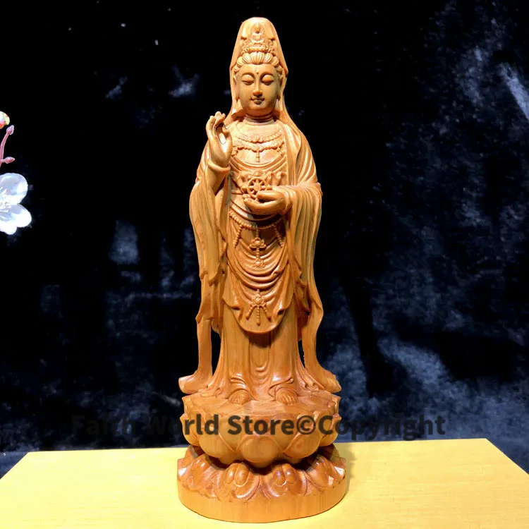 

20cm # 2024 office home efficacious Talisman Protection High-grade Wood carving Lotus Guanyin buddha handicraft Sculpture statue