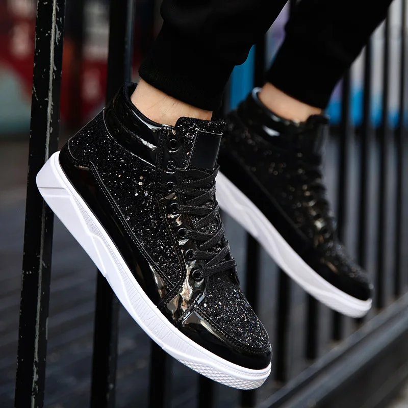 Zapatillas altas para hombre, botines dorados de lujo con purpurina, ropa de calle, botas informales de Hip Hop, zapatos de primavera