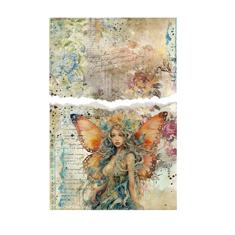 Rice Paper Butterfly Girl Scrapbook Pads Flower Vintage Pattern Papers for Scrapbooking DIY Junk Journal Decoration Craft 8pcs