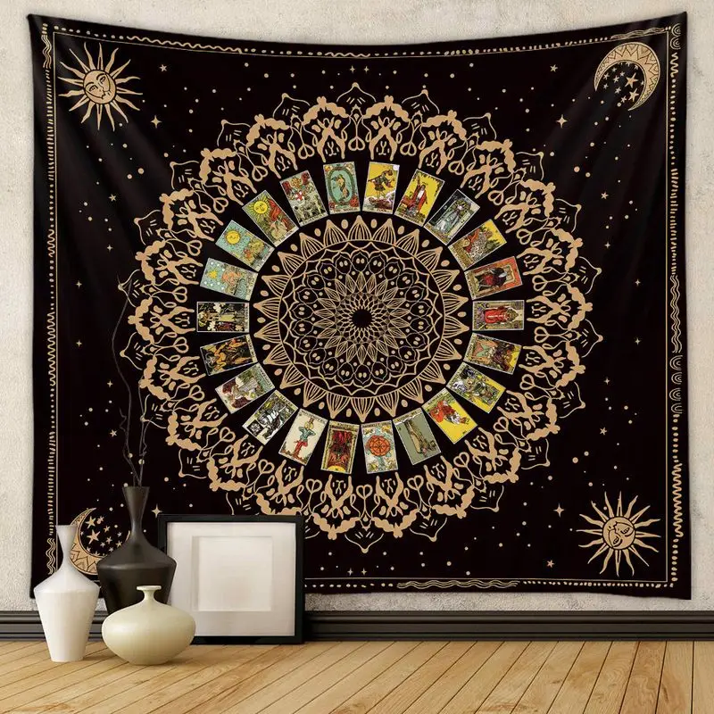 VIKAMA Tarot Card Wheel Tapestry Black Celestial Zodiac Astrology Wall Hanging Mystical Vintage Wall Art Bedroom Dorm Decor