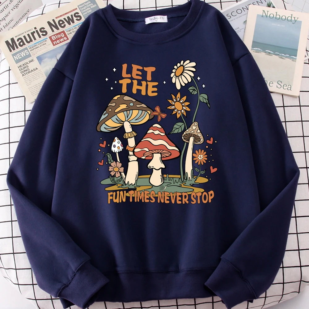 Fun Times Never Stop-Sudadera con estampado de girasoles y setas para mujer, ropa de calle informal para correr, jersey de lana con cuello redondo