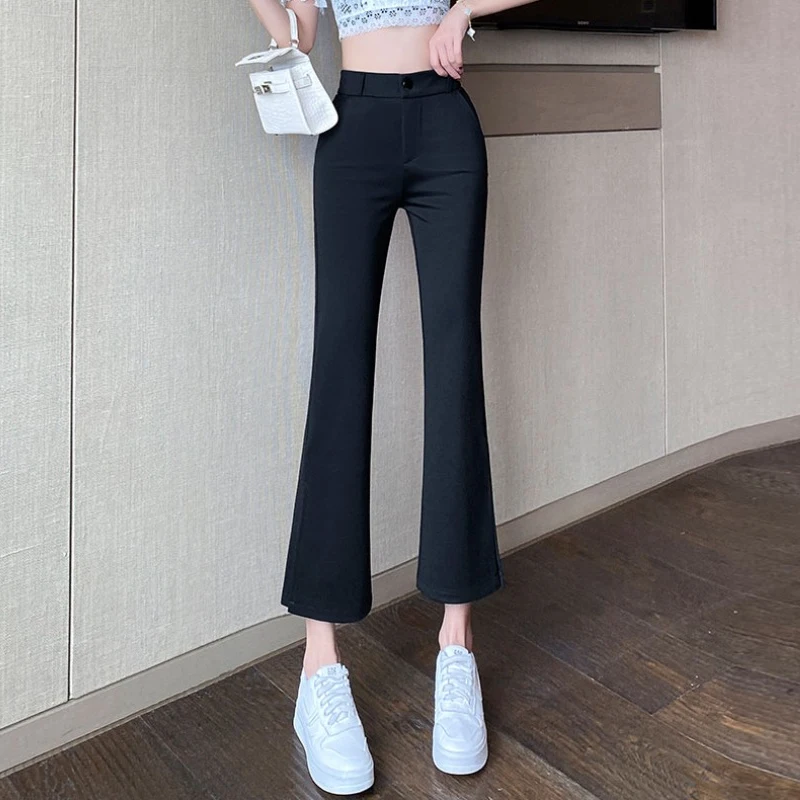 Hoge Taille Uitlopende Broek Dames Casual Asymmetrische ket Detail Koreaanse Sle Negen Punten Uitlopende Broek Herfst Lente Pendelen