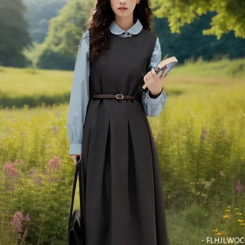 Blus Atasan Campuran Katun Kerah Peter Pan Wanita Saku Longgar Biru Rapi Gaya Jepang Kemeja Kancing Antik Retro Gadis Mori