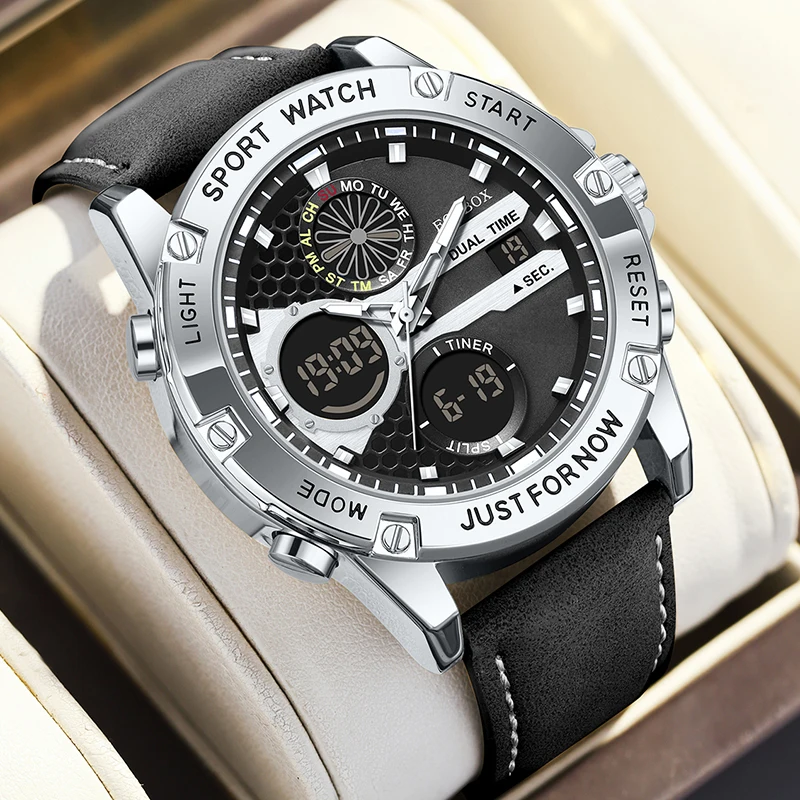 2025 فوكس بوكس ساعات رياضية للرجال قوي مضيئة عرض مزدوج مقاوم للماء كوارتز ساعة يد جلدية أصلية Relogio Masculino