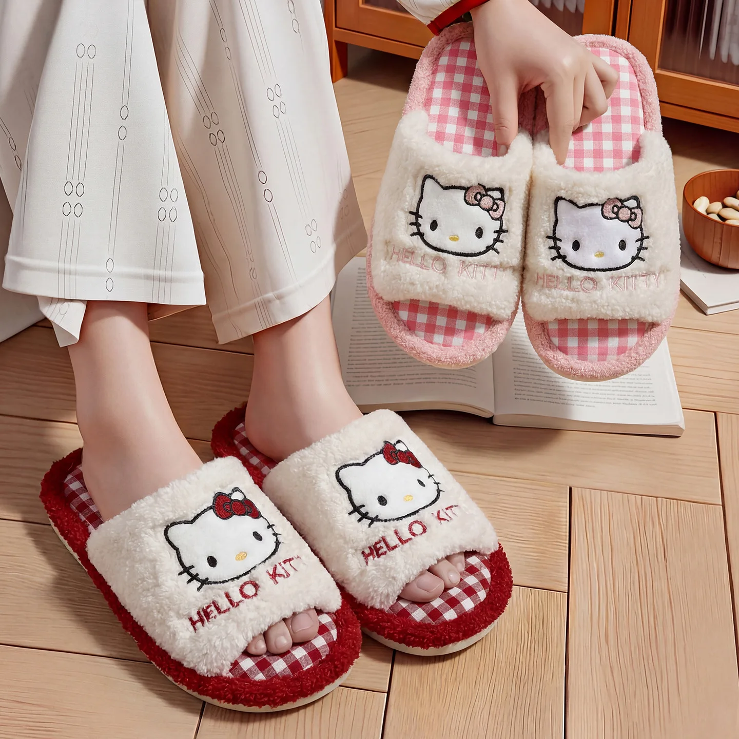 

2026 New Women Slippers Spring Autumn Hello Kitty Open Toe House Shoes Non-Slip Fashion Warm Cotton and Linen Fabric Slippers