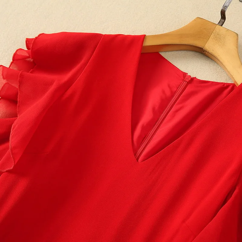 2024 Frühling rot solide Frauen Rand Kleid Mode V-Ausschnitt Maxi A-Linie Kleider