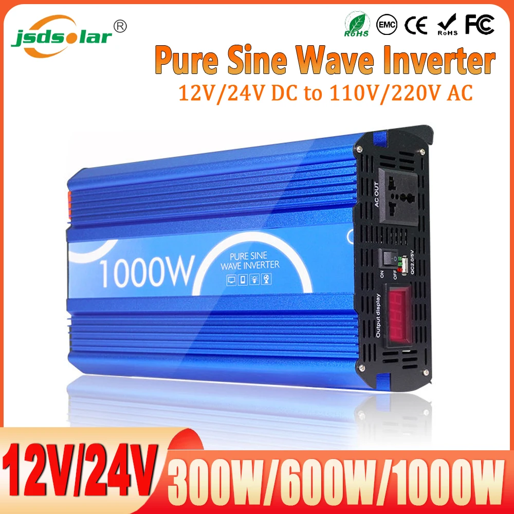 

300W/600W/1000W Pure Sine Wave Inverter DC 12V/24V to AC 110V/220V Voltage Transfer Converter Universal Socket Auto Accessories