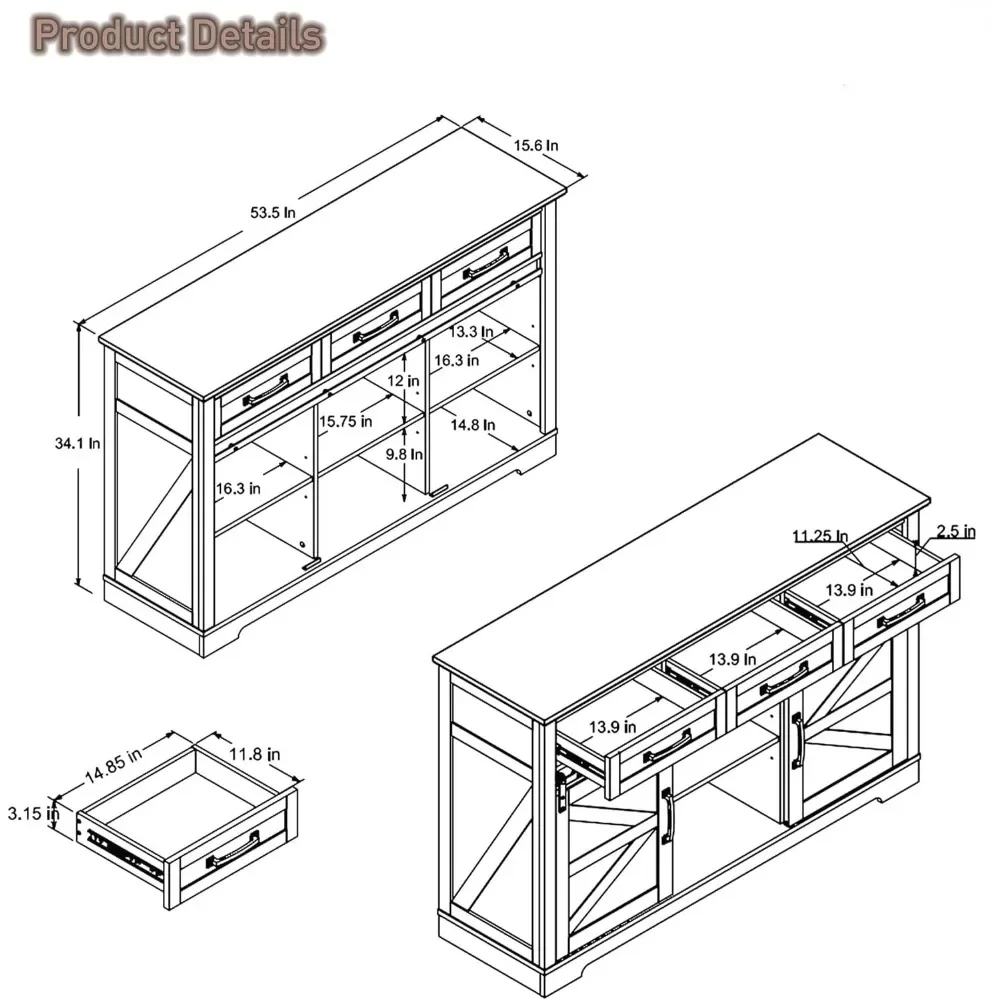 Sideboard Cabinet with 3 Drawer, Sliding Barn Door, Combines Functionality Aesthetics and Space Utilization, Livingroom Cabinet