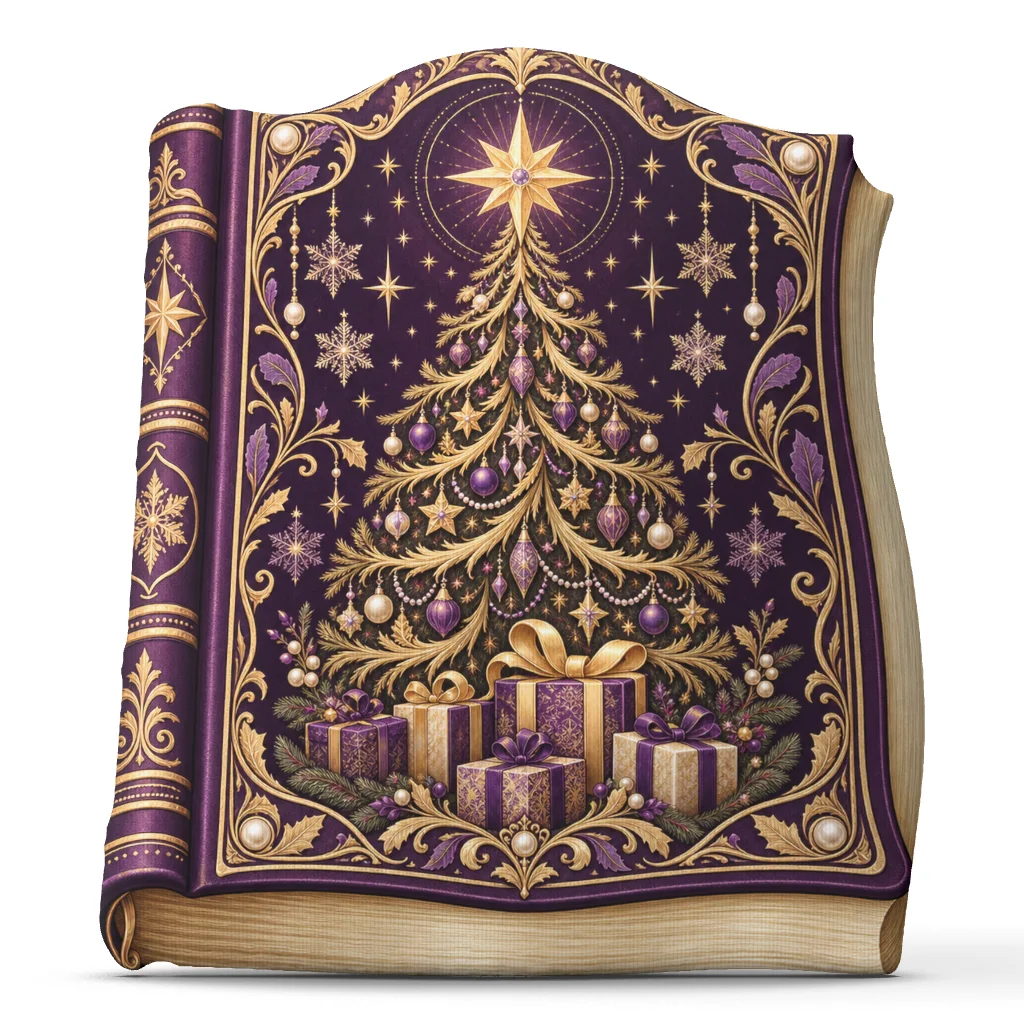 Victorian Christmas Tree Book Shaped Pillow Purple Gold Holiday Cushion Stuffed Throw Pillow Festive Home Decor Accent Gift