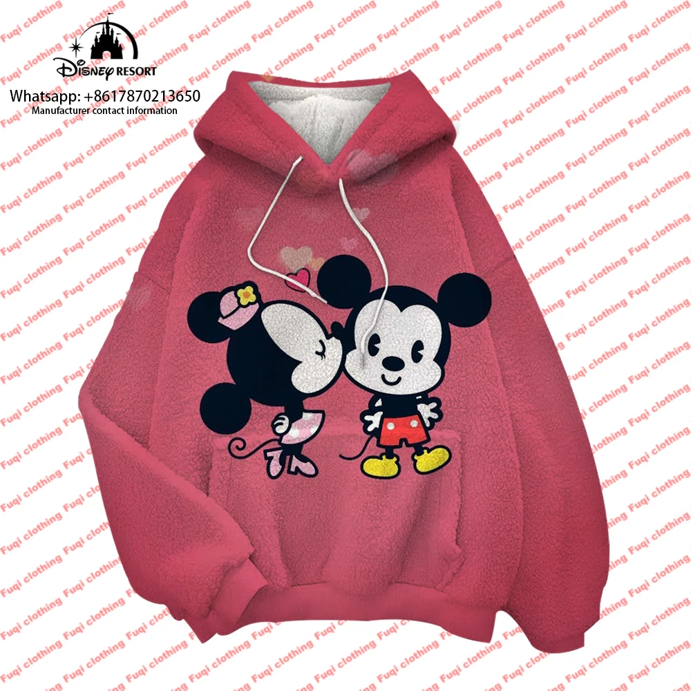 Winter Mickey Minnie Cartoon 3D Printed Blanket Pullover 2024 Fashion Loose Comfortable Hoodie Women's Flannel Sweatshirt